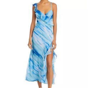 AQUA Ruffled Midi Dress Chiffon Asymmetric Crossover V-neck Blue Ombre Sz XS NEW